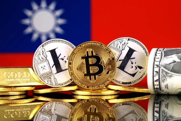 Physical Version Bitcoin Litecoin Gold Dollar Taiwan Flag Conceptual Image — Stock Photo, Image