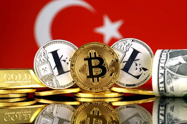 实际版本的比特币 Litecoin 美元和土耳其国旗 Cryptocurrency 黄金和美元投资者的概念形象 — 图库照片