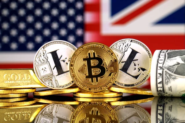 Physical Version Bitcoin Litecoin Gold Dollar United States United Kingdom — Stock Photo, Image