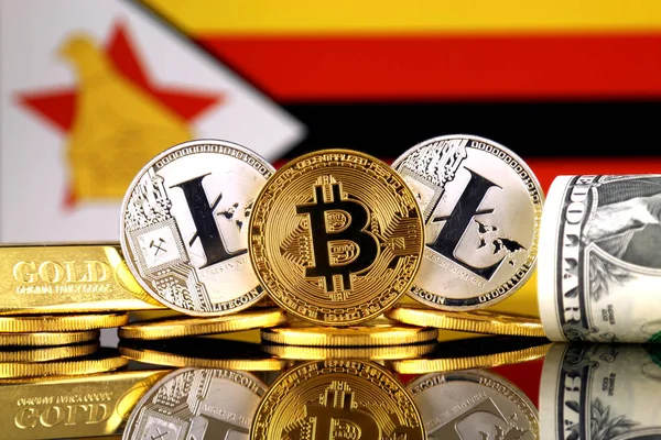 Physical Version Bitcoin Litecoin Gold Dollar Zimbabwe Flag Conceptual Image — Stock Photo, Image