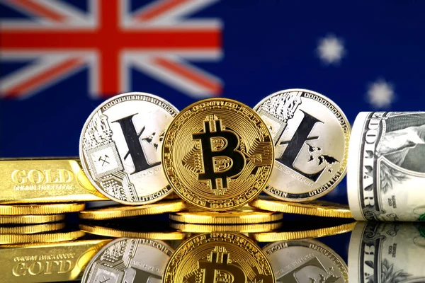Versión Física Bitcoin Litecoin Oro Dólar Estadounidense Bandera Australia Imagen — Foto de Stock
