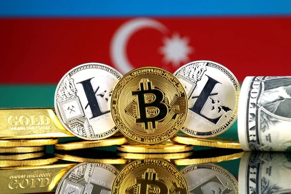 实际版本的比特币 Litecoin 美元和阿塞拜疆国旗 Cryptocurrency 黄金和美元投资者的概念形象 — 图库照片