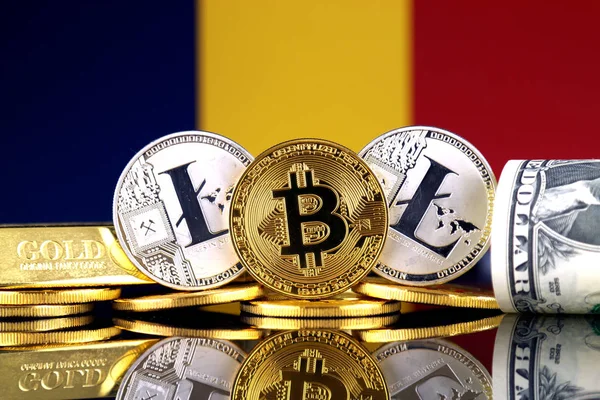 Bitcoin, Litecoin, altın, bize dolar ve Çad bayrağı fiziksel sürümü. Cryptocurrency, altın ve dolar yatırımcılar için kavramsal görüntü.