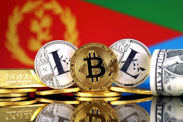 Bitcoin, Litecoin, altın, bize dolar ve Eritre bayrak fiziksel sürümü. Cryptocurrency, altın ve dolar yatırımcılar için kavramsal görüntü.
