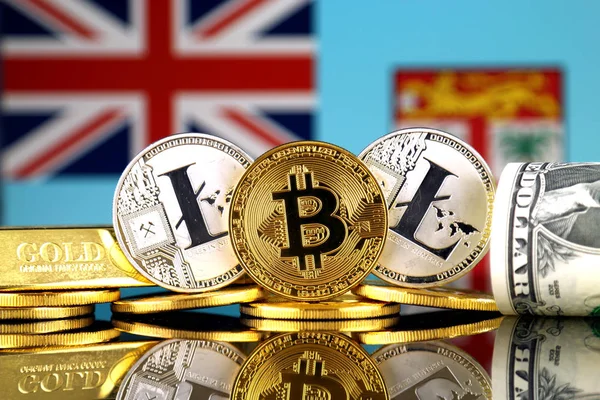 Physical Version Bitcoin Litecoin Gold Dollar Fiji Flag Conceptual Image — Stock Photo, Image