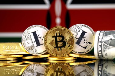 Bitcoin, Litecoin, altın, bize dolar ve Kenya bayrak fiziksel sürümü. Cryptocurrency, altın ve dolar yatırımcılar için kavramsal görüntü.