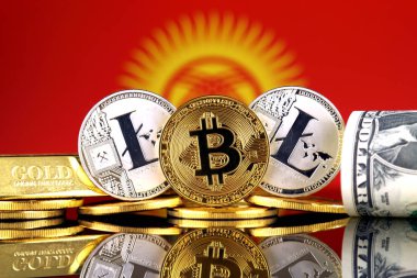 Bitcoin, Litecoin, altın, bize dolar ve Kırgızistan bayrağı fiziksel sürümü. Cryptocurrency, altın ve dolar yatırımcılar için kavramsal görüntü.