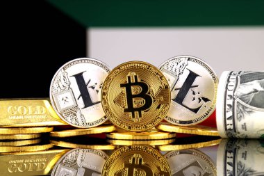Bitcoin, Litecoin, altın, bize dolar ve Kuveyt bayrağı fiziksel sürümü. Cryptocurrency, altın ve dolar yatırımcılar için kavramsal görüntü.