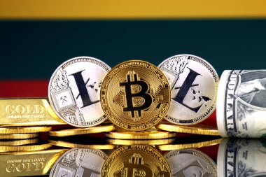 Bitcoin, Litecoin, altın, bize dolar ve Litvanya bayrağı fiziksel sürümü. Cryptocurrency, altın ve dolar yatırımcılar için kavramsal görüntü.