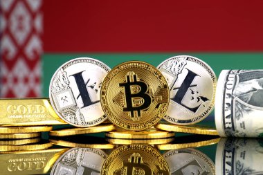 Bitcoin, Litecoin, altın, bize dolar ve Beyaz Rusya bayrağı fiziksel sürümü. Cryptocurrency, altın ve dolar yatırımcılar için kavramsal görüntü.