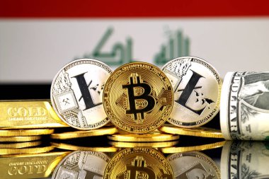 Bitcoin, Litecoin, altın, bize dolar ve Irak bayrağı fiziksel sürümü. Cryptocurrency, altın ve dolar yatırımcılar için kavramsal görüntü.