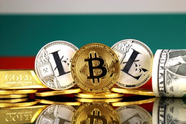 Bitcoin, Litecoin, altın, bize dolar ve Bulgaristan bayrağı fiziksel sürümü. Cryptocurrency, altın ve dolar yatırımcılar için kavramsal görüntü.