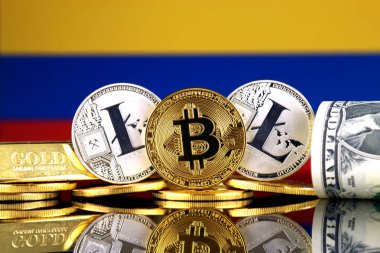 Bitcoin, Litecoin, altın, bize dolar ve Kolombiya bayrak fiziksel sürümü. Cryptocurrency, altın ve dolar yatırımcılar için kavramsal görüntü.