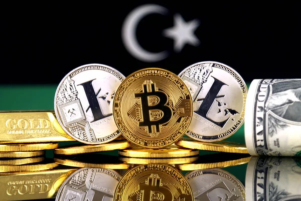 实际版本的比特币 Litecoin 美元和利比亚国旗 Cryptocurrency 黄金和美元投资者的概念形象 — 图库照片