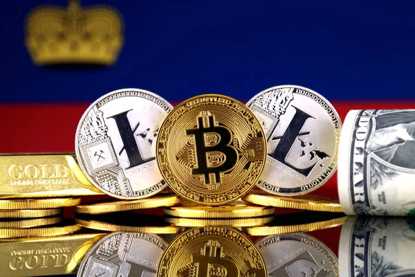 Bitcoin Litecoin 私たちドルとリヒテンシュタインの旗の物理的なバージョン Cryptocurrency 金とドルの投資家のための概念図 — ストック写真