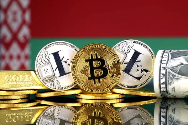 Versión Física Bitcoin Litecoin Oro Dólar Estadounidense Bandera Bielorrusia Imagen — Foto de Stock