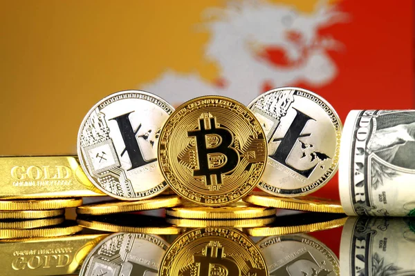 Bitcoin, Litecoin, altın, bize dolar ve Bhutan bayrağı fiziksel sürümü. Cryptocurrency, altın ve dolar yatırımcılar için kavramsal görüntü.