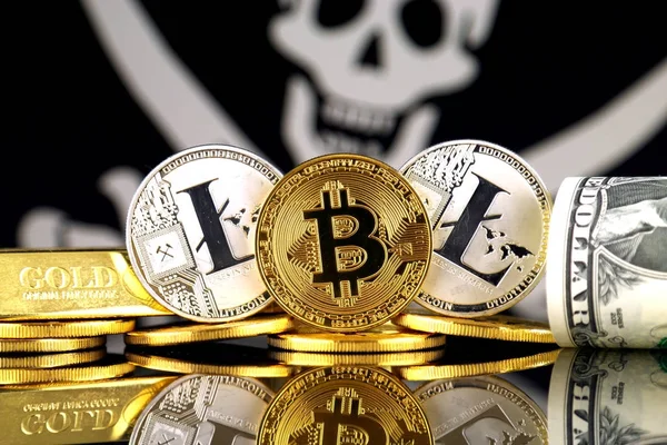 Physical Version Bitcoin Litecoin Gold Dollar Pirate Flag Conceptual Image — Stock Photo, Image