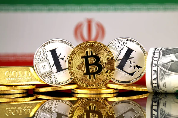 Physical Version Bitcoin Litecoin Gold Dollar Iran Flag Conceptual Image — Stock Photo, Image