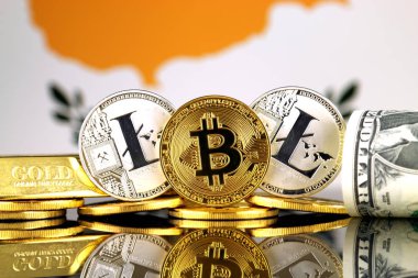 Bitcoin, Litecoin, altın, bize dolar ve Kıbrıs bayrağı fiziksel sürümü. Cryptocurrency, altın ve dolar yatırımcılar için kavramsal görüntü.