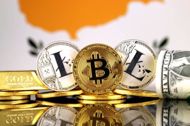 Bitcoin, Litecoin, altın, bize dolar ve Kıbrıs bayrağı fiziksel sürümü. Cryptocurrency, altın ve dolar yatırımcılar için kavramsal görüntü.