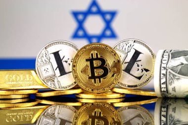 Bitcoin, Litecoin, altın, bize dolar ve İsrail bayrağı fiziksel sürümü. Cryptocurrency, altın ve dolar yatırımcılar için kavramsal görüntü.