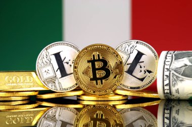 Bitcoin, Litecoin, altın, bize dolar ve İtalya bayrağı fiziksel sürümü. Cryptocurrency, altın ve dolar yatırımcılar için kavramsal görüntü.
