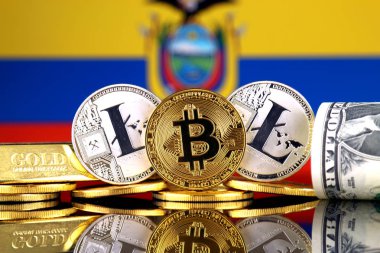 Bitcoin, Litecoin, altın, bize dolar ve Ekvador bayrak fiziksel sürümü. Cryptocurrency, altın ve dolar yatırımcılar için kavramsal görüntü.