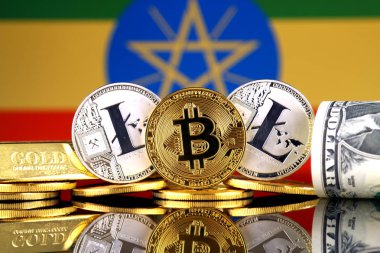 Bitcoin, Litecoin, altın, bize dolar ve Etiyopya bayrağı fiziksel sürümü. Cryptocurrency, altın ve dolar yatırımcılar için kavramsal görüntü.