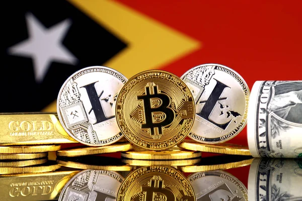 Versión Física Bitcoin Litecoin Oro Dólar Estadounidense Bandera Timor Oriental — Foto de Stock