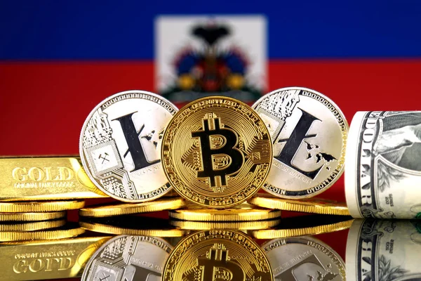Bitcoin Litecoin 私たちドルとハイチの国旗の物理的なバージョン Cryptocurrency 金とドルの投資家のための概念図 — ストック写真