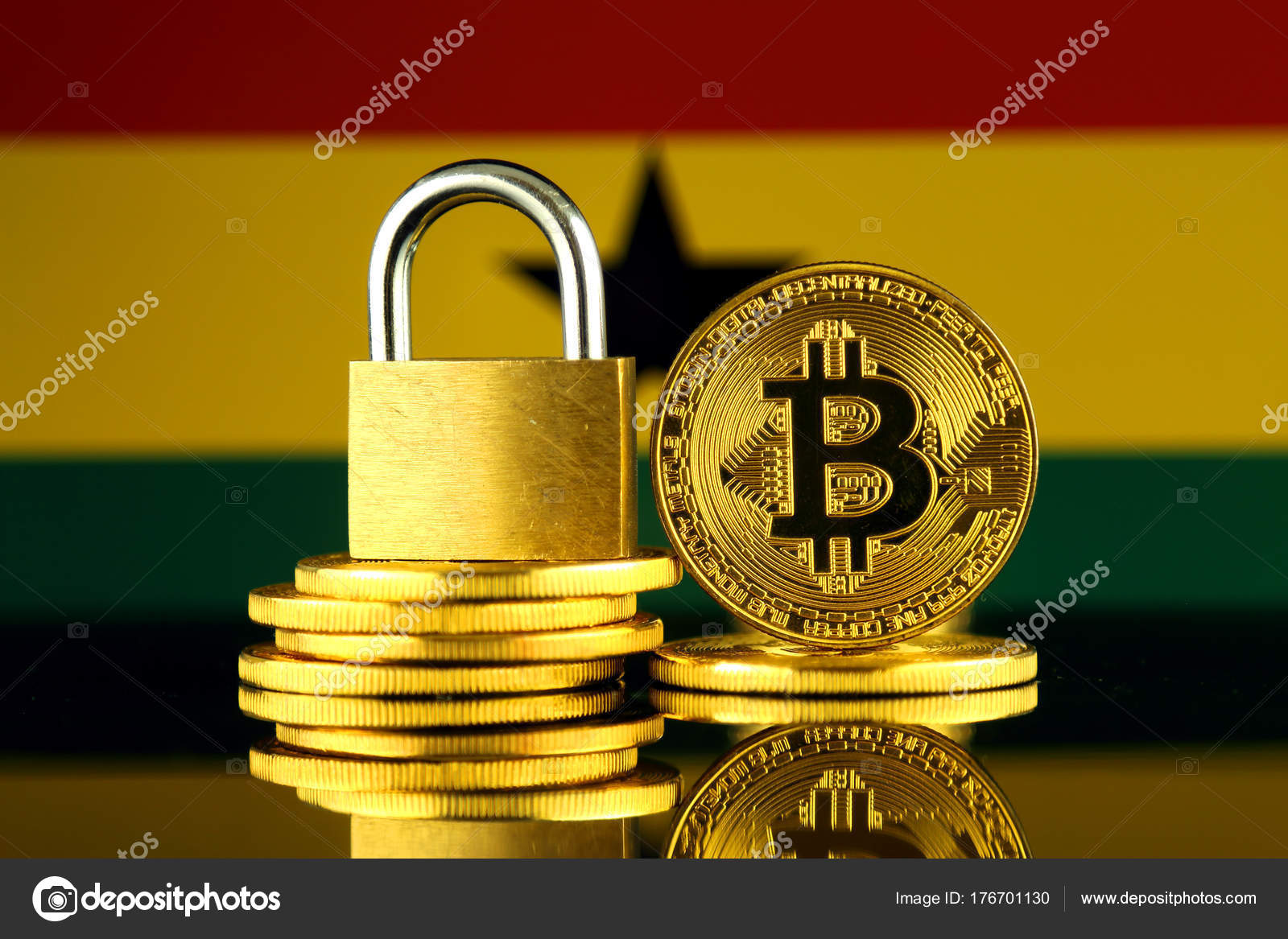 Physische Version Des Bitcoin Goldenen Vorhangeschloss Und Ghana - 