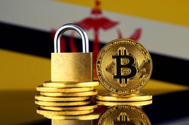 Bitcoin, altın asma kilit ve Brunei bayrağı fiziksel sürümü. Cryptocurrencies, yönetmelikler, kısıtlamaları veya güvenlik, koruma, gizlilik yasaklanması.