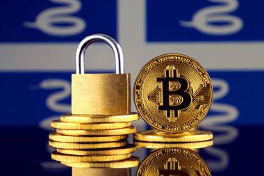 Bitcoin, altın asma kilit ve Martinique bayrağı fiziksel sürümü. Cryptocurrencies, yönetmelikler, kısıtlamaları veya güvenlik, koruma, gizlilik yasaklanması.