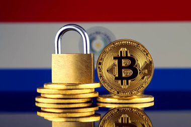 Bitcoin, altın asma kilit ve Paraguay bayrağı fiziksel sürümü. Cryptocurrencies, yönetmelikler, kısıtlamaları veya güvenlik, koruma, gizlilik yasaklanması.