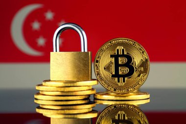 Bitcoin, altın asma kilit ve Singapur bayrağı fiziksel sürümü. Cryptocurrencies, yönetmelikler, kısıtlamaları veya güvenlik, koruma, gizlilik yasaklanması.