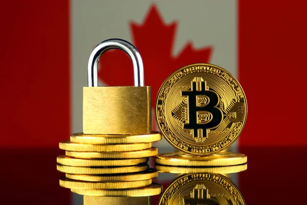 Bitcoin, altın asma kilit ve Kanada bayrağı fiziksel sürümü. Cryptocurrencies, yönetmelikler, kısıtlamaları veya güvenlik, koruma, gizlilik yasaklanması.