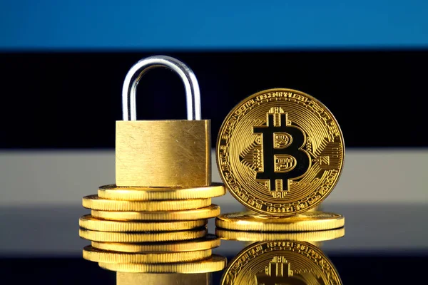 Bitcoin, altın asma kilit ve Estonya bayrağı fiziksel sürümü. Cryptocurrencies, yönetmelikler, kısıtlamaları veya güvenlik, koruma, gizlilik yasaklanması.