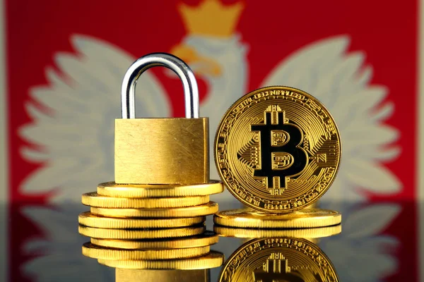 Bitcoin, altın asma kilit ve Polonya bayrağı fiziksel sürümü. Cryptocurrencies, yönetmelikler, kısıtlamaları veya güvenlik, koruma, gizlilik yasaklanması.