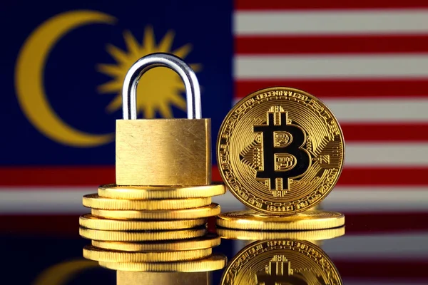 Физическая Версия Биткойна Золотой Замок Флаг Малайзии Запрет Криптовалют Правил — стоковое фото