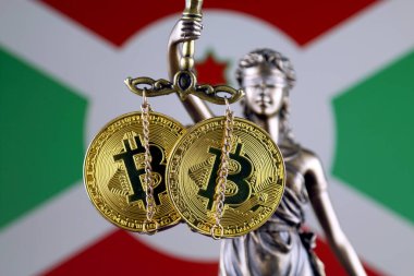 Hukuk ve adalet, fiziksel yorum-in Bitcoin ve Burundi bayrağı sembolü. Cryptocurrencies, yönetmelikler, kısıtlamaları veya güvenlik, koruma, gizlilik yasaklanması.