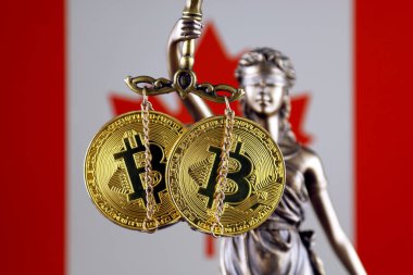 Hukuk ve adalet, fiziksel yorum-in Bitcoin ve Kanada bayrağı sembolü. Cryptocurrencies, yönetmelikler, kısıtlamaları veya güvenlik, koruma, gizlilik yasaklanması.