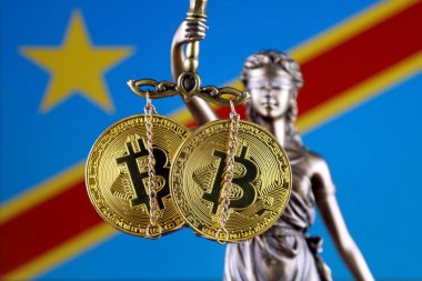 Hukuk ve adalet, fiziksel yorum-in Bitcoin ve Demokratik Cumhuriyeti Kongo bayrağının sembolüdür. Cryptocurrencies, yönetmelikler, kısıtlamaları veya güvenlik, koruma, gizlilik yasaklanması.