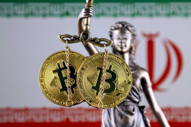 Hukuk ve adalet, fiziksel yorum-in Bitcoin ve Iran bayrağı sembolü. Cryptocurrencies, yönetmelikler, kısıtlamaları veya güvenlik, koruma, gizlilik yasaklanması.