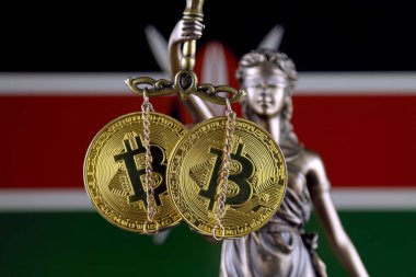 Hukuk ve adalet, fiziksel yorum-in Bitcoin ve Kenya bayrak sembolü. Cryptocurrencies, yönetmelikler, kısıtlamaları veya güvenlik, koruma, gizlilik yasaklanması.