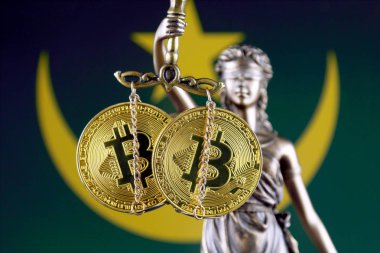 Hukuk ve adalet, fiziksel yorum-in Bitcoin ve Moritanya bayrak sembolü. Cryptocurrencies, yönetmelikler, kısıtlamaları veya güvenlik, koruma, gizlilik yasaklanması.