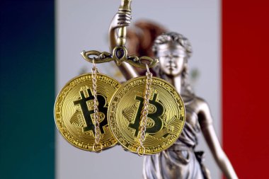 Hukuk ve adalet, fiziksel yorum-in Bitcoin ve Meksika bayrağı sembolü. Cryptocurrencies, yönetmelikler, kısıtlamaları veya güvenlik, koruma, gizlilik yasaklanması.
