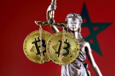 Hukuk ve adalet, fiziksel yorum-in Bitcoin ve Fas bayrak sembolü. Cryptocurrencies, yönetmelikler, kısıtlamaları veya güvenlik, koruma, gizlilik yasaklanması.