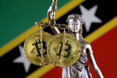 Hukuk ve adalet, fiziksel yorum-in Bitcoin ve Saint Kitts ve Nevis bayrak sembolü. Cryptocurrencies, yönetmelikler, kısıtlamaları veya güvenlik, koruma, gizlilik yasaklanması.