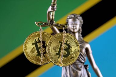 Hukuk ve adalet, fiziksel yorum-in Bitcoin ve Tanzanya bayrak sembolü. Cryptocurrencies, yönetmelikler, kısıtlamaları veya güvenlik, koruma, gizlilik yasaklanması.